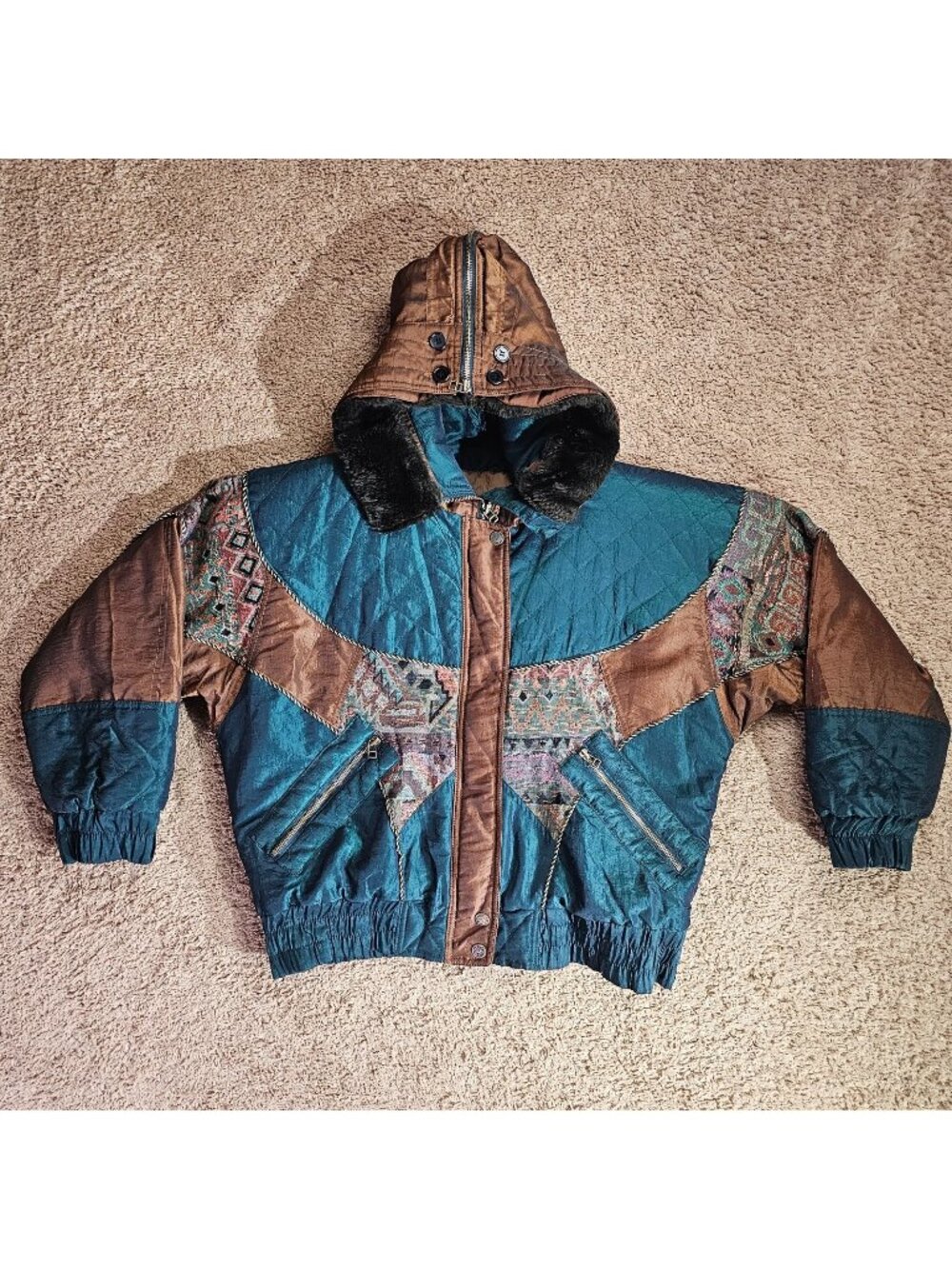 Vintage East West Coat Womens M Quilted Hood Faux Fur Trim Jacket Boho Y2K - Picture 1 of 14